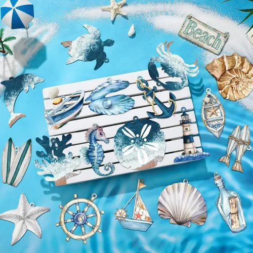 Vista 9 de 20 adornos de metal oceánico oceánico costero de navegación náutica para árbol, estrellas de mar, caballito de mar, tortuga, decoraciones colgantes