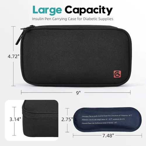 Vista 5 de ALLCAMP - Maletín de viaje para diabéticos, organizador de medicamentos con 4 paquetes de hielo, color negro (9 x 4.72 x 3.14 pulgadas)