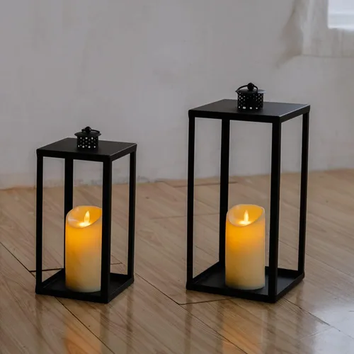Vista 3 de HPC Decor - Juego de 2 faroles decorativos de metal negro con velas parpadeantes con temporizador, 16.5 pulgadas y 13 pulgadas de grosor, grandes