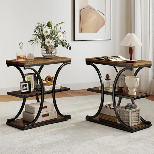 Vista 10 de BECHAEO Mesas auxiliares de 24 pulgadas, mesa auxiliar industrial de 3 niveles con estantes de almacenamiento, mesa de sofá de madera con marco