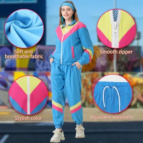 Vista 4 de Conjunto deportivo retro de los años 80 para mujer, rompevientos de los años 90, conjunto deportivo con chaqueta y pantalones deportivos