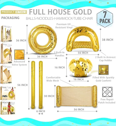 Vista 2 de POZA Paquete inflable para casa completa – Tubo flotante de 36 pulgadas con confeti brillante de alta calidad, bolas de playa de 16 pulgadas, fideos