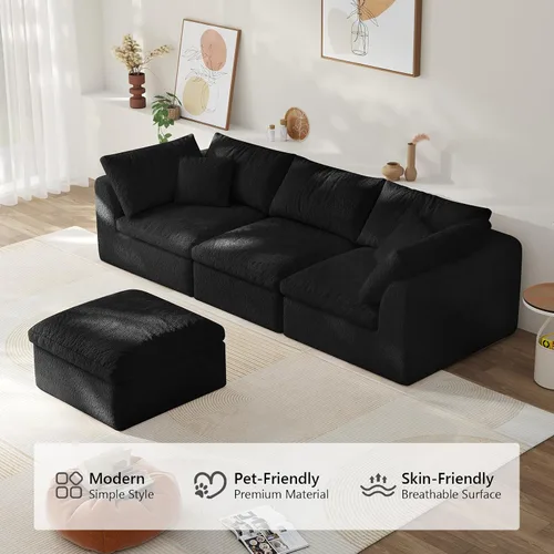 Vista 4 de Sofá modular de nube sin hueso de 108 pulgadas con asiento profundo para sala de estar, sofá en forma de L con otomana, tela de copo de nieve y Negro