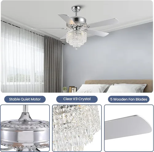 Vista 6 de Ventilador de techo de cristal con luces, ventilador de candelabro moderno con control remoto, ventilador de techo cromado reversible, lámpara
