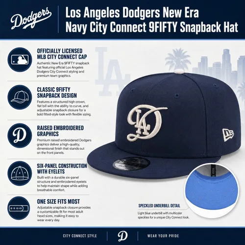 Vista 6 de New Era MLB Los Angeles Dodgers Navy City Connect 9FIFTY - Gorra ajustable con cierre de presión, talla única