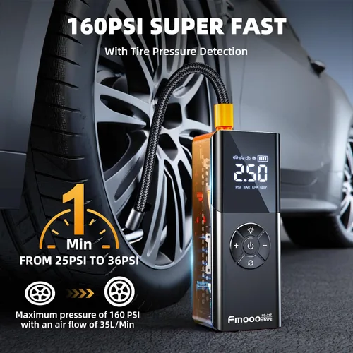 Vista 2 de Inflador de neumáticos, compresor de aire portátil, 160 PSI de potencia dual 6000 mAh, bomba de aire inalámbrica con indicador digital, luz LED