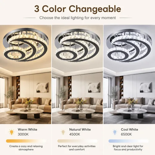 Vista 4 de Lámpara de techo LED moderna de 15.7 pulgadas, lámpara de araña de cristal de montaje empotrado, lámpara moderna con forma de luna redonda para sala