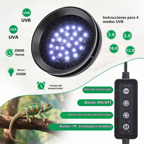 Vista 2 de UVB Light for Reptiles with Dimming, LED UVB Light Bulb Fixture for Bearded Dragon Gecko Lizard Turtle Snake, Adjustable Brightness UVA UVB Lamp for