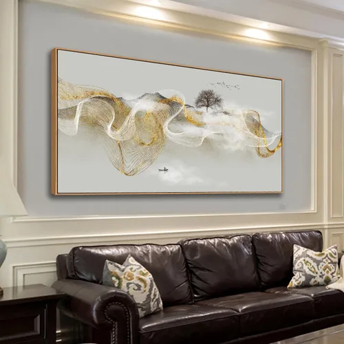 Vista 10 de HUADAOART Arte para pared, pintura abstracta, arte moderno, fondo dorado y azul, impresiones en lienzo para sala de estar, dormitorio, obras de arte
