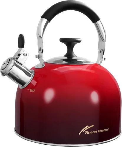 Vista 9 de Tinlon - Tetera esmaltada de 2.5 cuartos de galón para estufa, color negro Hervidor de cocina de acero inoxidable con mango plegable para agua
