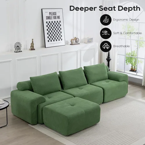 Vista 4 de L-Shaped Sectional Couches for Living Room with Memory Foam & Steel Frame - No Assembly Convertible Sofa Bed, Corduroy Fabric Compression Sofa Green