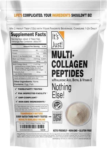 Vista 2 de It's Just! - Péptidos de colágeno múltiple (tipos I, II, III, V, X) con vitamina C, biotina, ácido hialurónico, sin sabor añadido, probado