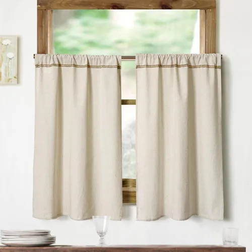 Vista 12 de Cenefa de lino de algodón para ventanas con ribete de encaje de arpillera rústica de 12 pulgadas, cenefa de cocina con bolsillo para barra, cortina