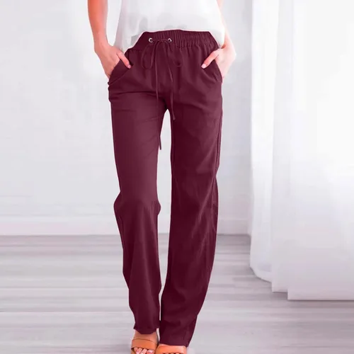 Vista 2 de YWEFSJ Pantalones de lino para mujer, pierna recta, elásticos, casuales, holgados, con cordón, cómodos, con bolsillos, 2023