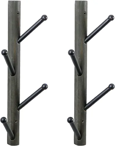 Vista 9 de MyGift 4 ganchos montados en la pared, madera maciza marrón rústica y metal negro para sombrero, perchero vertical para colgar ropa con ganchos