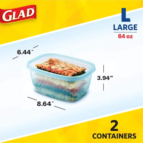Vista 5 de Glad Gladware - Recipientes de almacenamiento de alimentos para congelar, rectángulo grande con capacidad para 64 onzas de alimentos, juego de 2