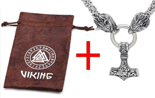 Vista 4 de GuoShuang Wolf Head with Thor Mjolnir Pendant Necklace Stainless Steel - King Chain