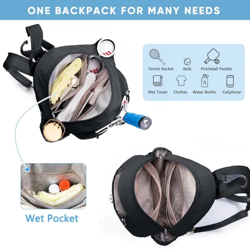 Vista 4 de Mochila de Tenis con Soporte para 2 Raquetas, Bolsa de Raqueta de Tenis de Cuero PU Resistente al Agua para Mujeres y Hombres, Mochila Deportiva