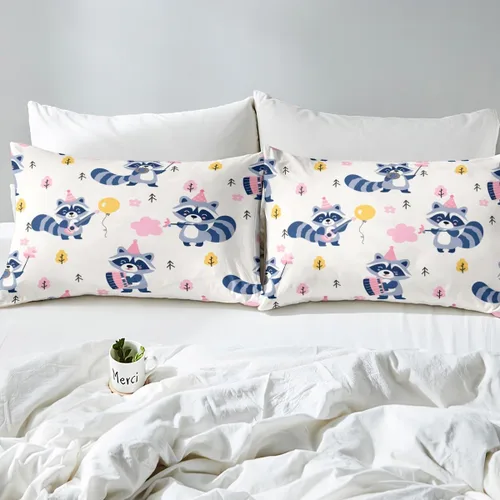 Vista 4 de Erosebridal Juego de sábanas tamaño individual de mapache para niños y niños, sábanas florales rosas de animales del bosque, juego de ropa de cama