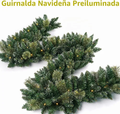 Vista 2 de Guirnalda de Navidad Preiluminada de 9 Pies con 50 Luces LED, Guirnalda de Navidad Estilo Nieve, Decoración Navideña a Batería para Repisa