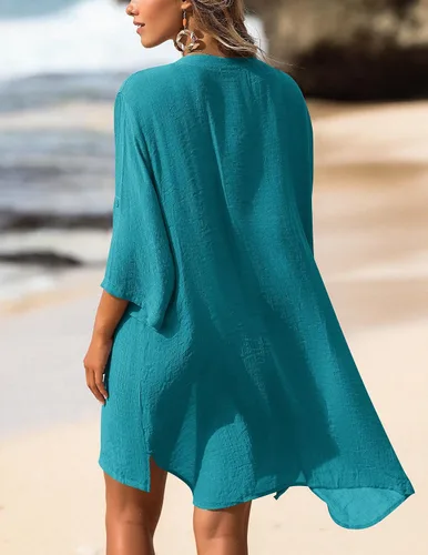 Vista 4 de AI'MAGE - Túnica de playa para traje de baño con cuello en V para mujer, con botones, tallas S-3XL