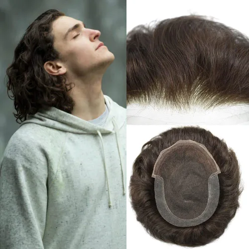 Vista 14 de Tupé para hombre Remy pieza de cabello humano para hombres encaje tupé para hombres nudo blanqueado sistema de reemplazo de cabello para hombre #1