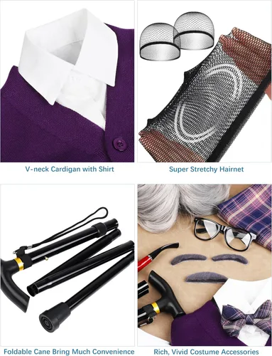 Vista 4 de SOMSOC Disfraz de anciano para abuelo, 14 piezas, para 100 días de escuela, accesorio para cosplay