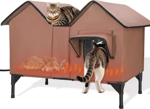 Vista 9 de Casa grande para gatos con calefacción para exteriores en invierno, casa elevada impermeable para gatos al aire libre con almohadilla térmica, casa