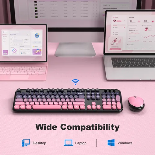Vista 5 de Atelus Combo de teclado inalámbrico y ratón, máquina de escribir de tamaño completo con teclado numérico y mouse conectado USB 2 en 1 para PC