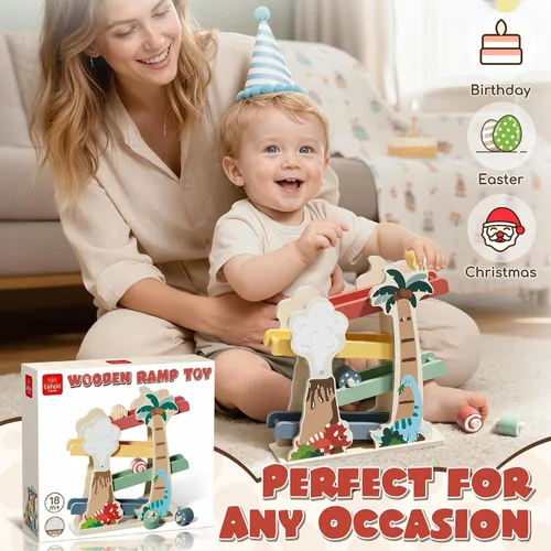 Vista 8 de Lehoo Castle Juguete de rampa de coche de madera de dinosaurio para niños Beige