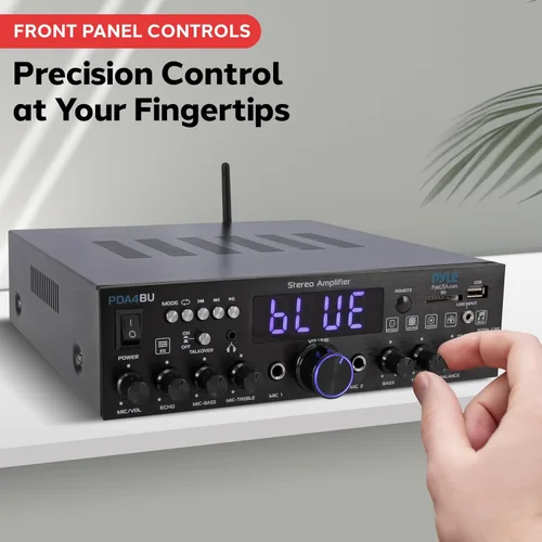 Vista 3 de Pyle Amplificador estéreo inalámbrico Bluetooth para el hogar de 200 W - Receptor de audio multicanal con óptico - Teléfono - Coaxial - FM - USB/SD
