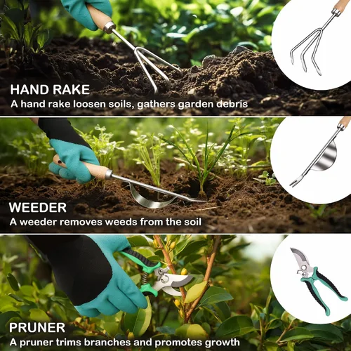 Vista 7 de Bluemars Kit de herramientas de mano de jardinería, 14 piezas, juego de herramientas de jardín de acero inoxidable resistente con bolsa de jardín