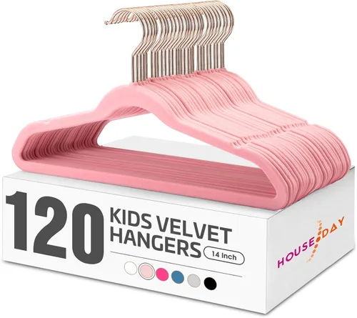 Vista 12 de HOUSE DAY Perchas de terciopelo para bebé, perchas de terciopelo para armario, paquete de 60 perchas antideslizantes para niños pequeños de 11.8