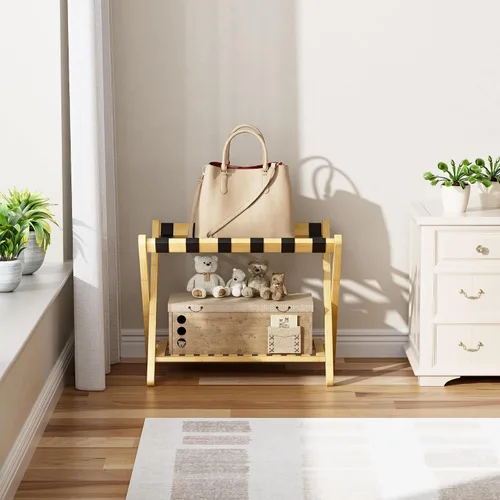 Vista 8 de SMIBUY Portaequipajes, soporte plegable de bambú para maleta con estante de almacenamiento para habitación de invitados, dormitorio, hotel, Natural