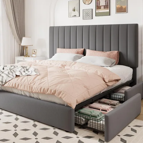 Vista 10 de Allewie Base de cama de almacenamiento de tamaño matrimonial, cabecera ajustable capitoné de canal vertical, plataforma tapizada de terciopelo con 4