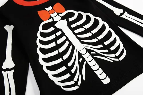 Vista 5 de Pijamas de Halloween para niños y niñas, pijamas de esqueleto que brillan en la oscuridad, pijamas de calabaza para niños, ropa de dormir 100%