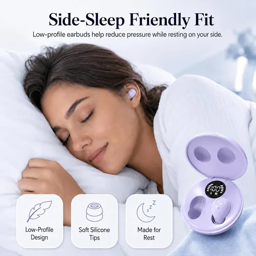 Vista 3 de Auriculares Bluetooth invisibles para orejas pequeñas, auriculares inalámbricos discretos, morado, funda de carga con pantalla LED inteligente