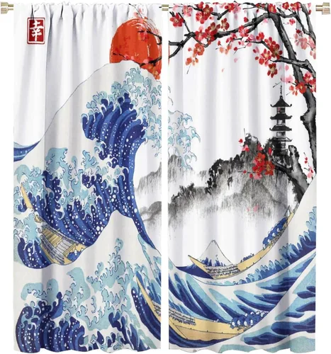 Vista 37 de Koi Fish - Cortinas opacas para cocina, estilo japonés, románticas, con estampado de flores de cerezo, con bolsillo para cortinero, cortinas opacas