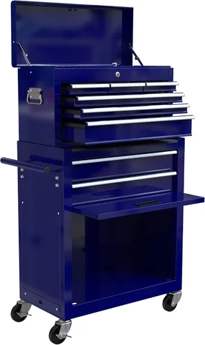 Vista 12 de Carro de herramientas rodante de 4 cajones, caja de herramientas con ruedas y parte superior de madera, carrito de almacenamiento de herramientas