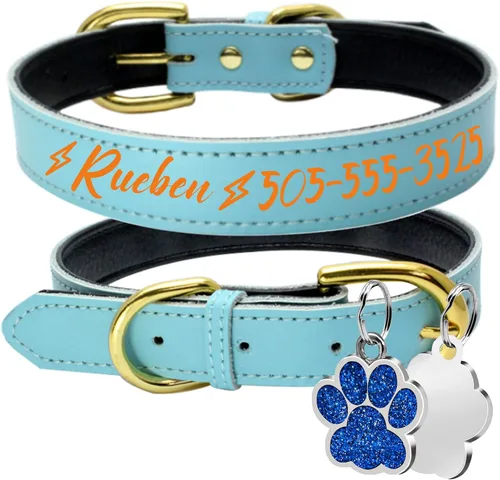 Vista 6 de LINMAGCO Collar reflectante personalizado para perro con campanas, estilo de cuero suave, resistente y ajustable, con placa de identificación Azul