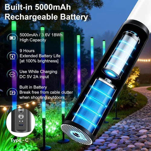 Vista 5 de Paquete de 6 Luces de Tubo LED RGB de 3 Pies Portátiles con Batería de 5000mAh con Soporte y Control Remoto, 500 Efectos de Iluminación, Barra