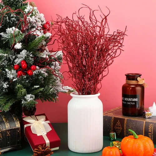 Vista 2 de Xinnun Ramas de Navidad con purpurina para decoración de jarrón, ramas rizadas, ramas artificiales, ramas para árbol de Navidad, manualidades Rojo