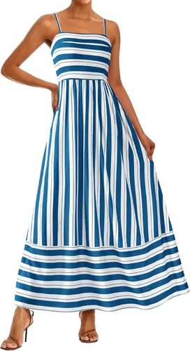 Vista 19 de PRETTYGARDEN Vestido largo de verano para mujer, con tirantes delgados, bohemio, floral, a rayas, para invitadas de boda, playa, vacaciones, vestido