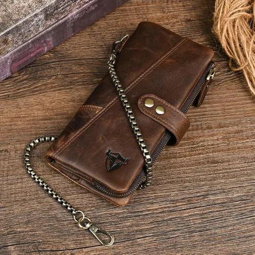 Vista 44 de Genuino Caballo Loco Cuero Regalo de Viaje Moneda Bolsillo Tarjetero Organizador Largo Cadena Rfid Cartera Monedero Con Broche Para Hombres Hombres