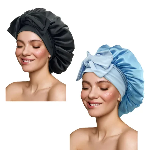 Vista 18 de Gorro de satén de seda para dormir con banda de amarre y tiras ajustables, para mujeres con cabello rizado y trenzado, color negro, tamaño grande