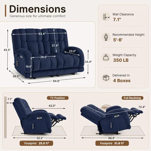 Vista 2 de MCombo 64.6" Oversized Reclining Loveseat with Heat and Massage, Zero Gravity Recliner Loveseat Sofa with Adjustable Headrest and Dual USB Charging
