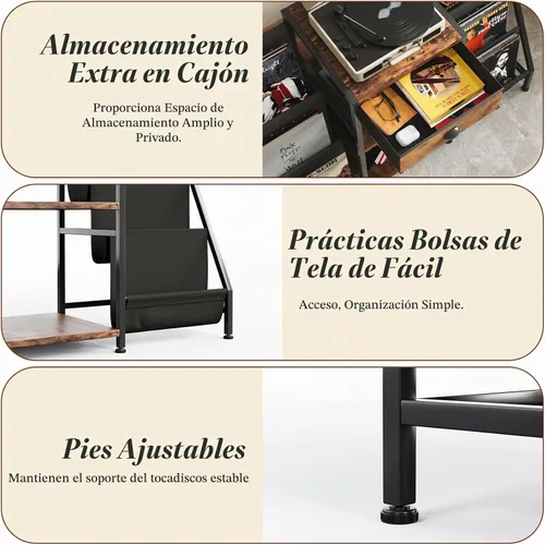 Vista 7 de Soporte para tocadiscos con cajón, mesa para tocadiscos con almacenamiento de discos de vinilo de hasta 280 álbumes, soporte giratorio con estante
