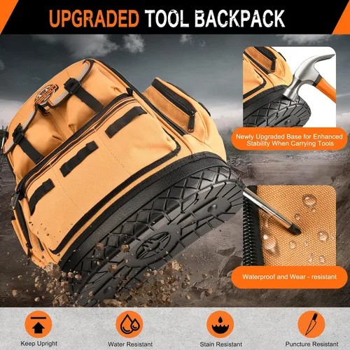 Vista 5 de Mochila para herramientas, mochila de herramientas resistente, bolsa de herramientas HVAC para electricista/trabajos de construcción con base Marrón
