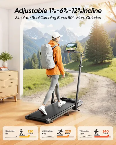 Vista 3 de Acezoe Walking Pad with 12% Incline & Height-Adjustable Handlebar, 5-in-1 Foldable Treadmill for Home & Office, Portable Under Desk Treadmill with