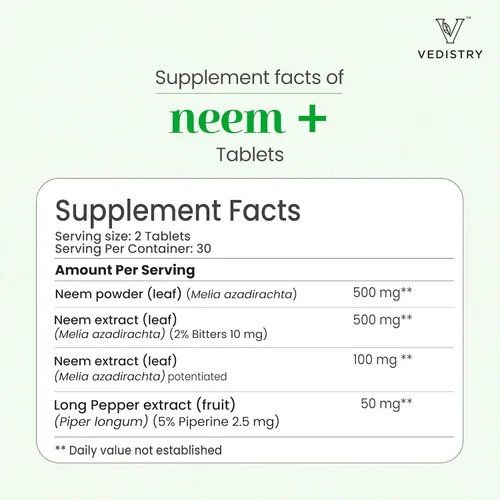 Vista 9 de Vedistry Suplementos de hojas de neem Tabletas de hojas de neem de 1100 mg que apoyan la piel clara, la desintoxicación y la salud inmunológica